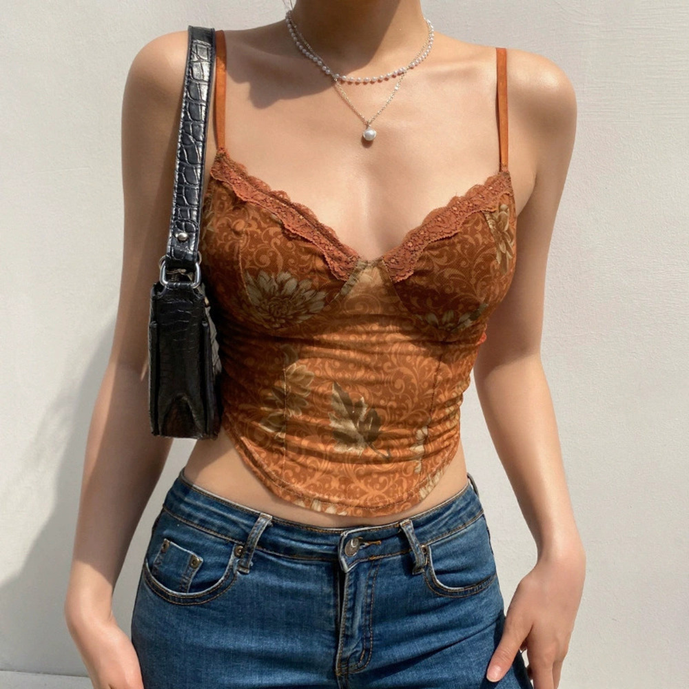 ZARA Trendy Niche Printed Mesh Bustier Cami Hot Girl Top